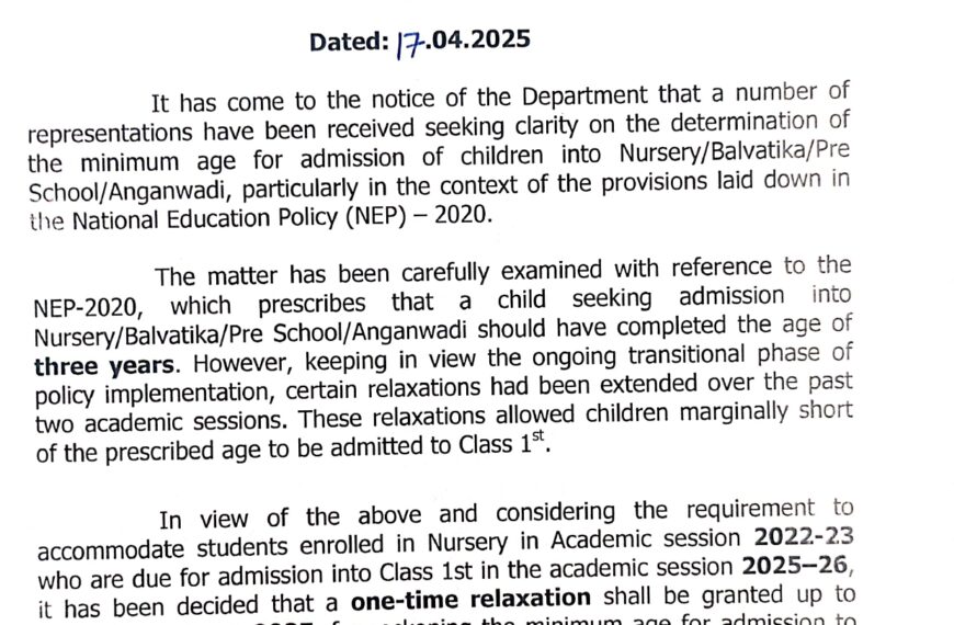 J&K School Education Department allows one-time age relaxation for Class 1 Admissions